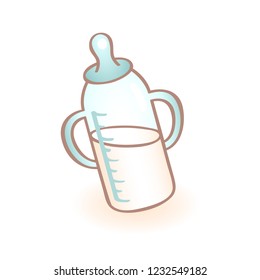 New born baby bottle with handles and blue pacifier. Infant vector icon. Child item.