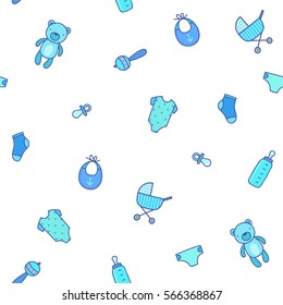 New born baby boy background. Vector hand drawn seamless pattern