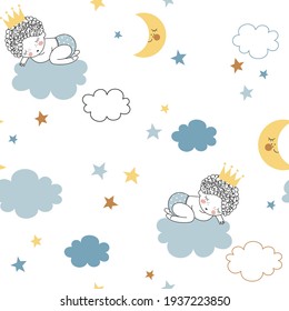 New born baby boy sleeping on blue cloud vector seamless pattern. Cute cartoon kid character illustration. Birthday party Baby shower nursery design. 