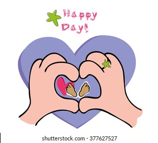 New born Baby card and hands isolated on white with heart symbol and baby legs