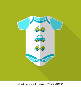 New born baby clothes for boys: white with green and blue cars on green background. Flat icon with long shadow. Vector illustration.