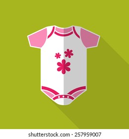 New born baby clothes for girls: white with pink flowers on green background. Flat icon with long shadow. Vector illustration.