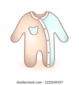 New born baby clothes, rompers with blue bear shaped decoration. Infant vector icon. Child item.