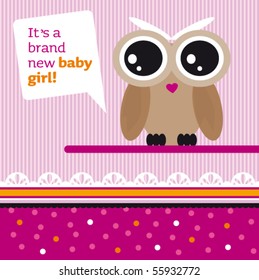 New born baby girl card design with owl in vector