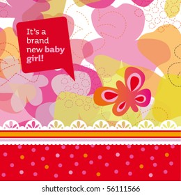 New born baby girl card design with butterfly and flowers in vector