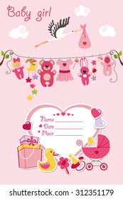 New Born Baby Girl Invitation Shower Card.Baby Girl Flat Element,hanging On Rope,label,stork.Vector Fashion,scrapbook Decor.Baby Greeting Postcard.Soft Pink Colors,birthday Background.Design Template.