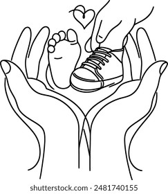 a new born baby heels and mother holding Lineart Vector Illustration