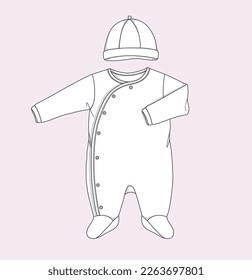 new born baby infant bodysuit onesie, romper with footie, footie romper flat sketch illustration