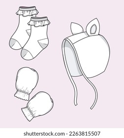 new born baby infant socks, mittens, hat, cap flat sketch illustration