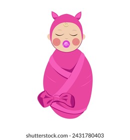 New born baby in pink. Illustration for baby shower, gender reveal, birthday party. Vector design