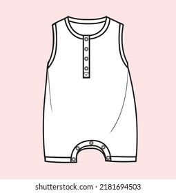 New born baby romper half sleeve, sleeveless with placket flat sketch illustration