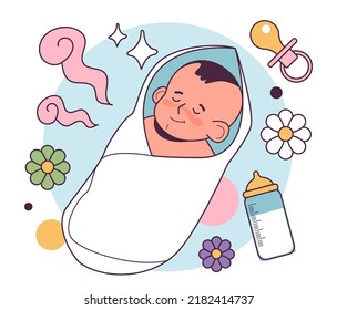 New born baby sleeping in a blanket. Cute baby, cheerful character wrapped in clean diaper. Flat vector illustration