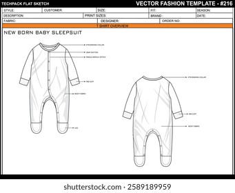 NEW BORN BABY SLEEPSUIT SKETCH FASHION TEMPLATE TECHNICAL ILLUSTRATION