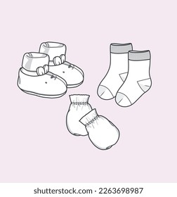 new born baby socks, cute boots mittens flat sketch illustration
