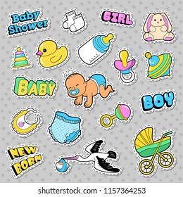 New Born Baby Stickers, Patches, Badges Scrapbook Baby Shower Decoration Set with Stork and Toys. Vector Doodle