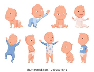 New born baby. Toddler with gentle smile on its face. Cute newborn infant. Vector cartoon illustration isolated on white background