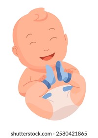 New born baby. Toddler with gentle smile on its face. Cute newborn infant. Vector cartoon illustration isolated on white background