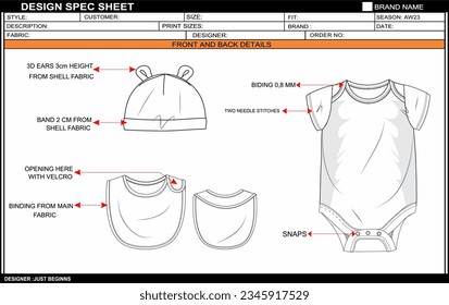 NEW BORN BODYSUIT BIB AND GAP FLAT SKETCH FASHION TEMPLATE TECHNICAL DRAWING ILLUSTRATION