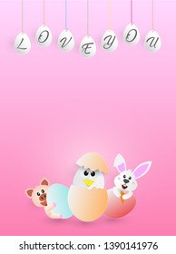 New born of chick In the egg shell with pig and rabbit and little eggs with text hanging on top