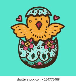 New born chicken in egg. Sketch vector element for spring Easter design.