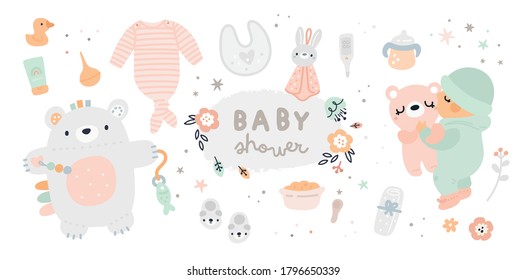New born essentials collection. Baby must haves. Ultimate baby registry. Top nursery products. Baby shower gift ideas. Childish vector illustration isolated on white background svg