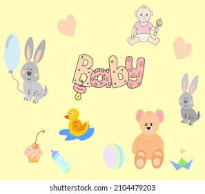 New born essentials collection. Must haves for babies. Ultimate baby registry. Top nursery products. Baby shower best gifts. Childish vector illustration isolated on white background