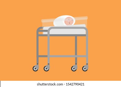 New born infant asleep in the blanket. Isolated vector with orange background.