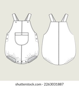 New born infant denim style bodysuit onesie flat sketch illustration 