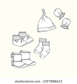 new born kids baby mittens, cap, socks flat sketch illustration