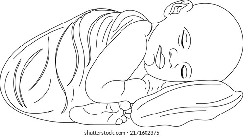 New born Kids logo, sketch drawing of newborn sleeping baby in stylish pose, new born baby vector