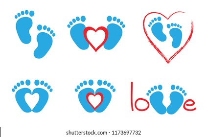 New born, pregnant or coming soon footprints shoes and shoe sole. Kids or baby feet and foot steps Fun vector footsteps icon for print. Love heart blue boy or pink girl sign