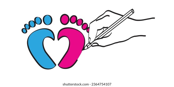 New born, pregnant or coming soon footprints shoes and shoe sole. Kids or baby feet and foot steps Fun vector footsteps icon for print. Love heart blue boy or pink girl sign