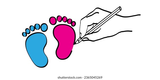 New born, pregnant or coming soon footprints shoes and shoe sole. Kids or baby feet and foot steps Fun vector footsteps icon for print. Love heart blue boy or pink girl sign