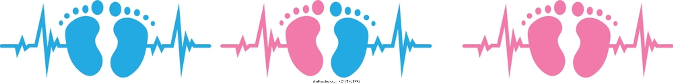 New born, pregnant or coming soon footprints shoes and shoe sole. Kids or baby feet and foot steps Fun vector footsteps icon for print. Love heart blue boy or pink girl sign