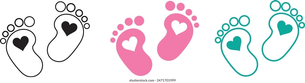 New born, pregnant or coming soon footprints shoes and shoe sole. Kids or baby feet and foot steps Fun vector footsteps icon for print. Love heart blue boy or pink girl sign on white back ground eps10