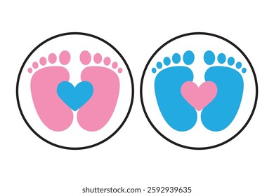 New born, pregnant or coming soon footprints shoes and shoe sole. Kids or baby feet and foot steps Fun vector footsteps icon for print. Love heart blue boy or pink girl sign