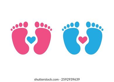 New born, pregnant or coming soon footprints shoes and shoe sole. Kids or baby feet and foot steps Fun vector footsteps icon for print. Love heart blue boy or pink girl sign