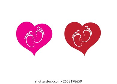 New born, pregnant or coming soon footprints shoes and shoe sole. Kids or baby feet and foot steps Fun vector footsteps icon for print. Love heart blue boy or pink girl sign on white back ground eps10