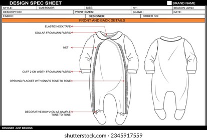 NEW BORN ROMPER NET PLACKET FLAT SKETCH FASHION TEMPLATE TECHNICAL DRAWING ILLUSTRATION