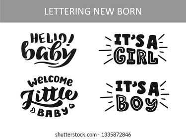 New born set hand-drawn template vector. Logo for shop, store, market with children dress. Lettering and calligraphy for poster, background, postcard, banner, window. 