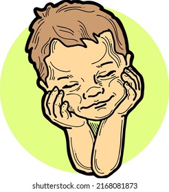 New Born Sweet Baby Face Emotions. Little Cute Boy Sleeping And Smiling. Hand Drawn Character Vector Illustration. Retro Vintage Comic Cartoon Line Style Drawing.