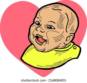 New born sweet baby face emotions with heart. Little happy child surprised with open mouth. Hand drawn character vector illustration. Retro vintage comic cartoon line style drawing.