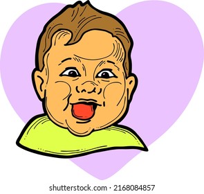 New born sweet baby face emotions with heart. Little happy child surprised with open mouth. Hand drawn character vector illustration. Retro vintage comic cartoon line style drawing.