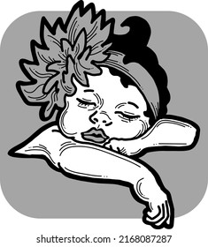 New born sweet baby face emotions. Little girl with big flower on the head sleeping and smiling. Hand drawn character vector illustration. Retro vintage comic cartoon line style drawing.