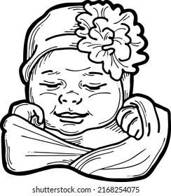 New born sweet baby face emotions. Little girl with big flower on the head sleeping and smiling. Hand drawn character vector illustration. Retro vintage comic cartoon line style drawing.