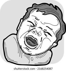 New born sweet baby face emotions. Little child crying with open mouth. Hand drawn character vector illustration. Retro vintage comic cartoon line style drawing.