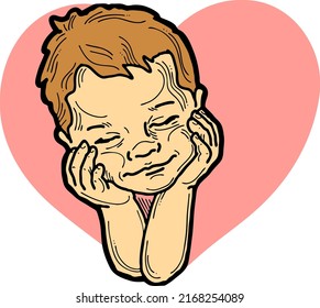 New born sweet baby face emotions. Little cute boy sleeping and smiling with heart. Hand drawn character illustration. Retro vintage comic cartoon line style drawing.