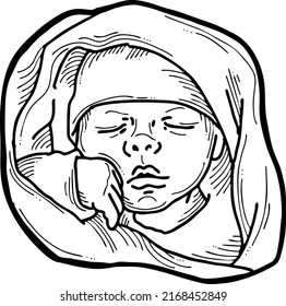 New born sweet baby face emotions. Little cute boy sleeping and smiling. Hand drawn character illustration. Retro vintage comic cartoon line style drawing.