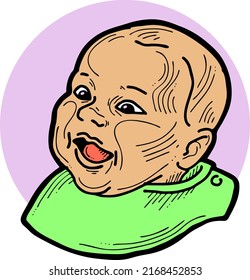 New born sweet baby face emotions. Little happy child surprised with open mouth. Hand drawn character vector illustration. Retro vintage comic cartoon line style drawing.