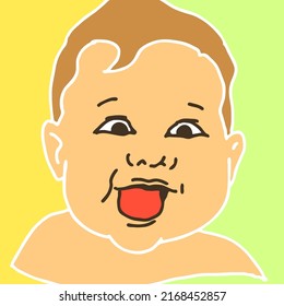 New born sweet baby face emotions. Little happy child surprised with open mouth. Hand drawn character vector illustration. Retro vintage comic cartoon line style drawing.